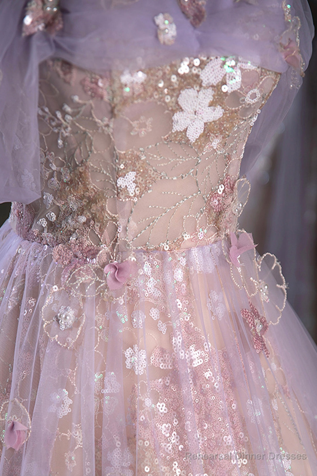 Lovely A-Line Off the Shoulder Sequins Prom Dress, Purple Tulle Corset Floor Length Evening Dress