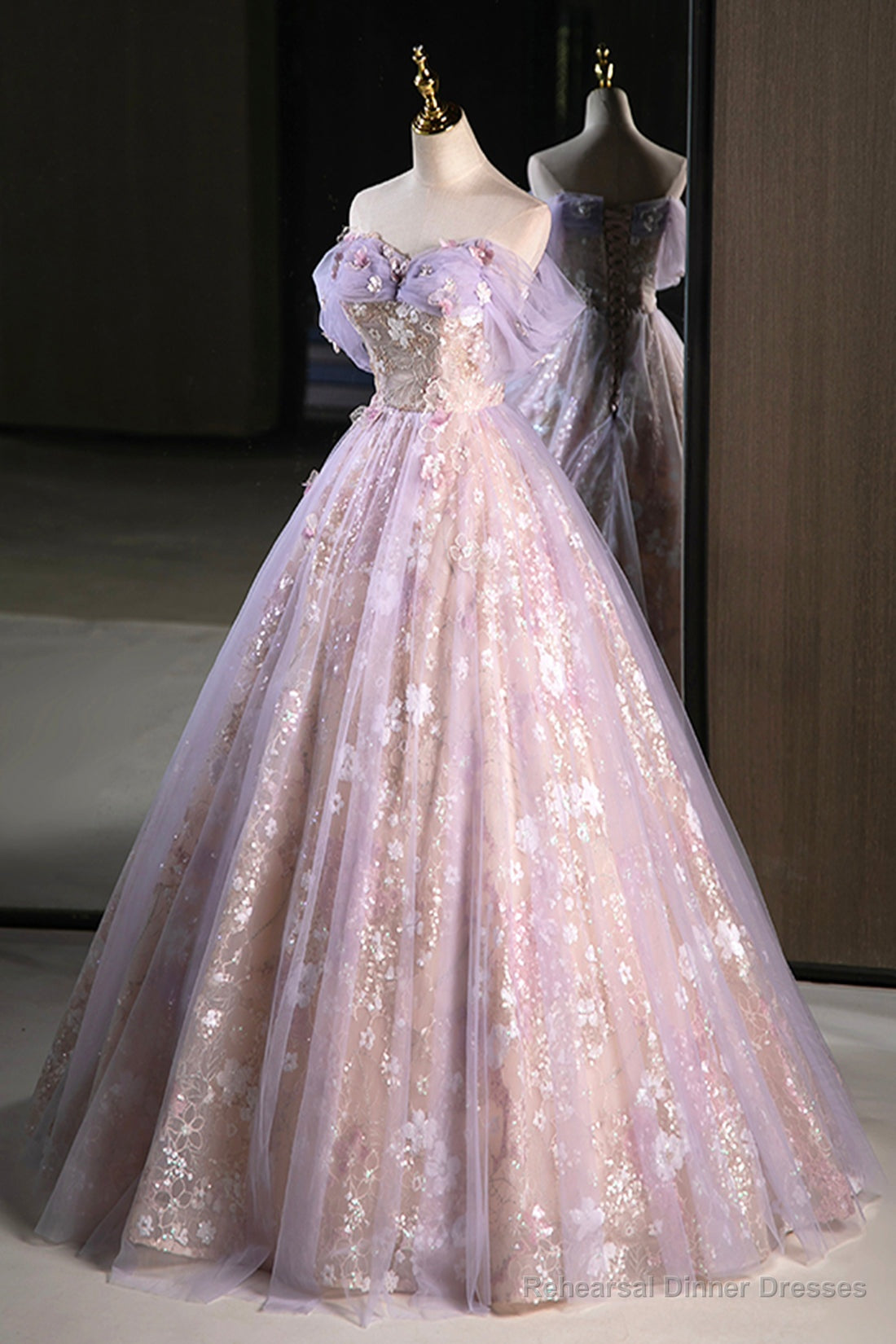 Lovely A-Line Off the Shoulder Sequins Prom Dress, Purple Tulle Corset Floor Length Evening Dress Main image