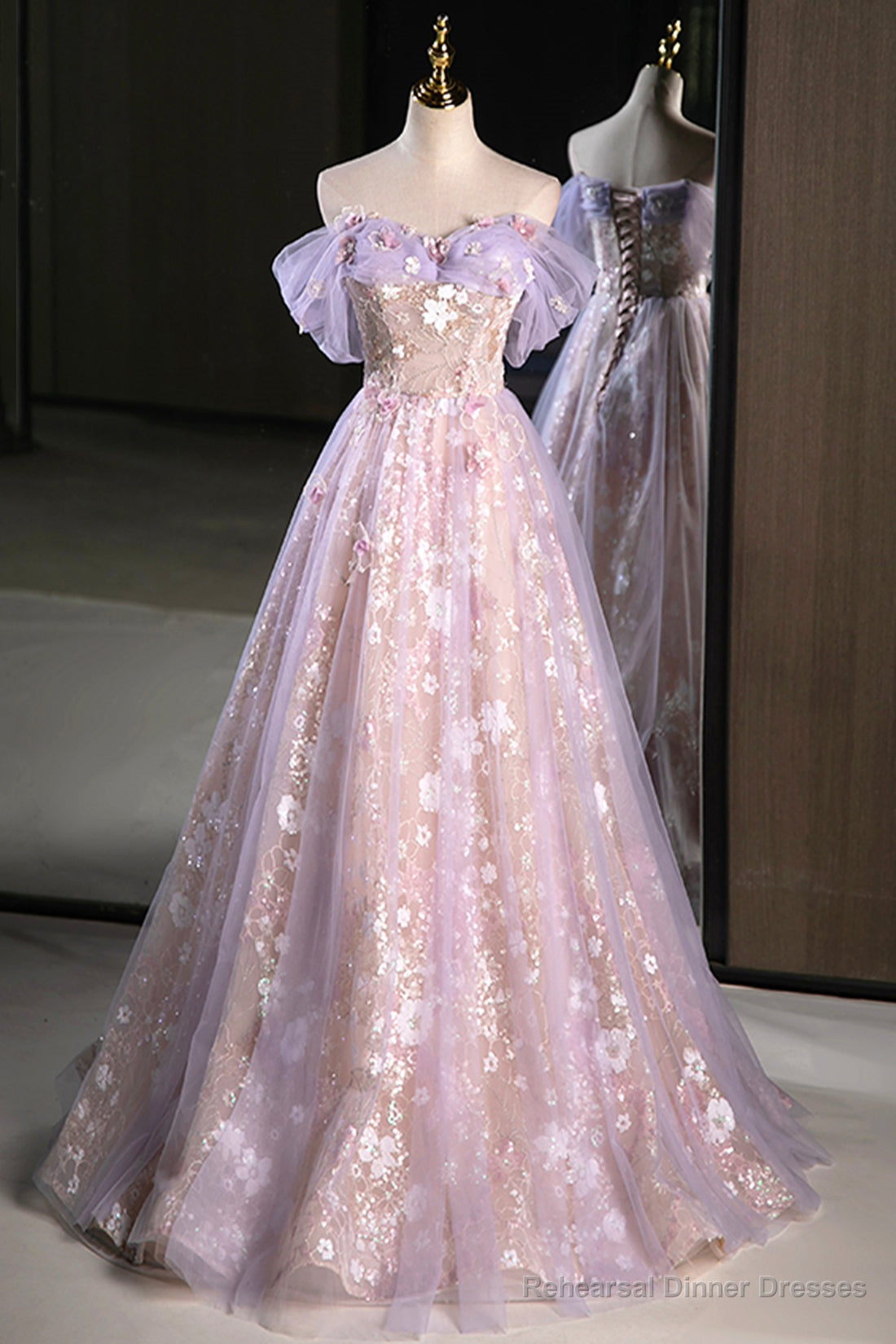 Lovely A-Line Off the Shoulder Sequins Prom Dress, Purple Tulle Corset Floor Length Evening Dress Secondary image