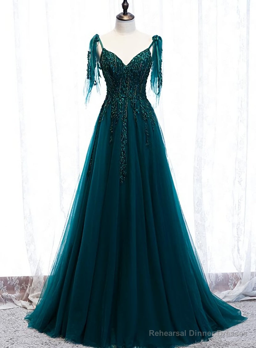 Lovely A-line Straps Tulle Teal Blue Long Evening Dress Prom Dress, A-line Formal Dresses Secondary image