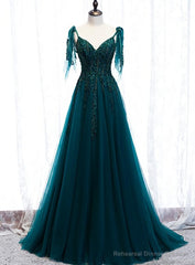 Lovely A-line Straps Tulle Teal Blue Long Evening Dress Prom Dress, A-line Formal Dresses