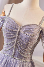 Lovely A-Line Tulle Sequins Floor Length Evening Prom Dress, Off The Shoulder Evening Party Dress