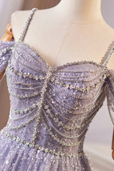 Lovely A-Line Tulle Sequins Floor Length Evening Prom Dress, Off The Shoulder Evening Party Dress