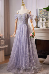 Lovely A-Line Tulle Sequins Floor Length Evening Prom Dress, Off The Shoulder Evening Party Dress