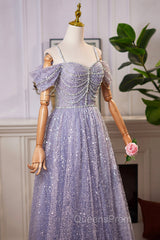 Lovely A-Line Tulle Sequins Floor Length Evening Prom Dress, Off The Shoulder Evening Party Dress