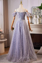 Lovely A-Line Tulle Sequins Floor Length Evening Prom Dress, Off The Shoulder Evening Party Dress