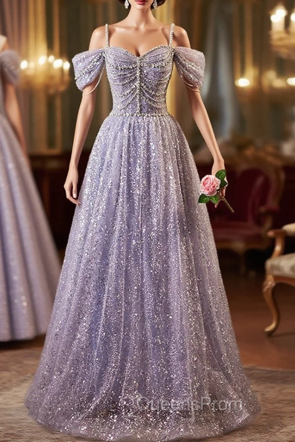 Lovely A-Line Tulle Sequins Floor Length Evening Prom Dress, Off The Shoulder Evening Party Dress Main image