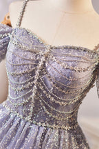 Lovely A-Line Tulle Sequins Knee Length Evening Prom Dress, Off The Shoulder Evening Party Dress