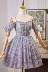 Lovely A-Line Tulle Sequins Knee Length Evening Prom Dress, Off The Shoulder Evening Party Dress