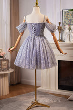 Lovely A-Line Tulle Sequins Knee Length Evening Prom Dress, Off The Shoulder Evening Party Dress