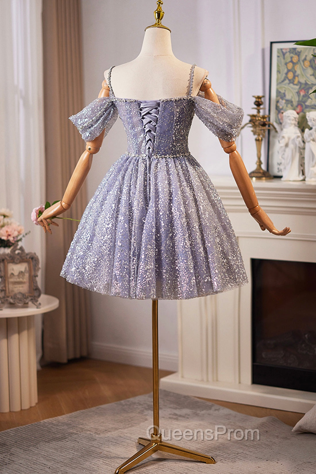 Lovely A-Line Tulle Sequins Knee Length Evening Prom Dress, Off The Shoulder Evening Party Dress