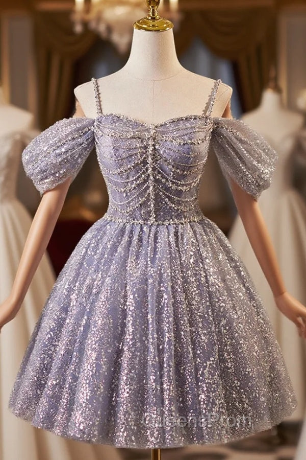 Lovely A-Line Tulle Sequins Knee Length Evening Prom Dress, Off The Shoulder Evening Party Dress Main image