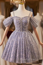 Lovely A-Line Tulle Sequins Knee Length Evening Prom Dress, Off The Shoulder Evening Party Dress