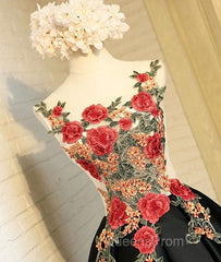 Lovely Black High Low Homecoming Dress With Floral Lace, Party Dress