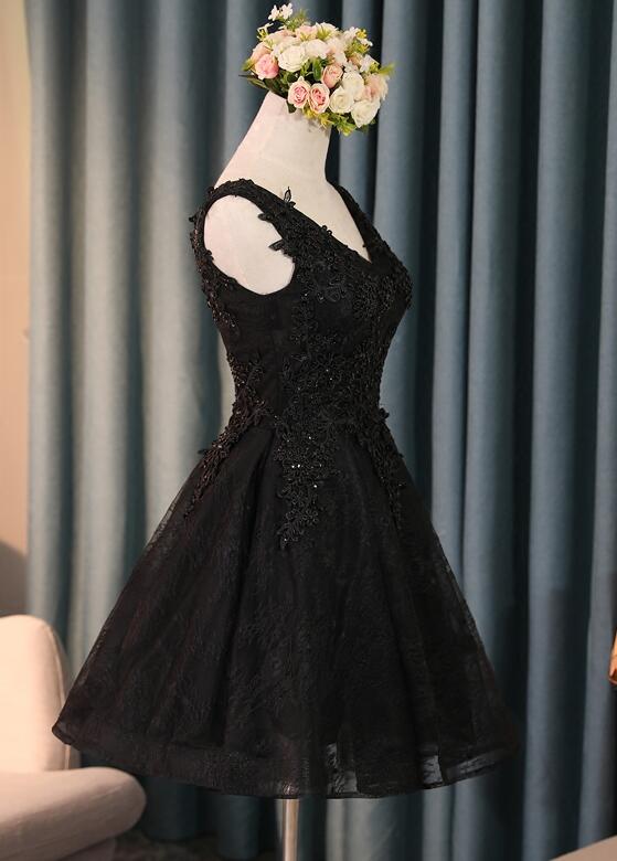 Lovely Black Lace V-Neckline Short Homecoming Dress, Black Party Dress