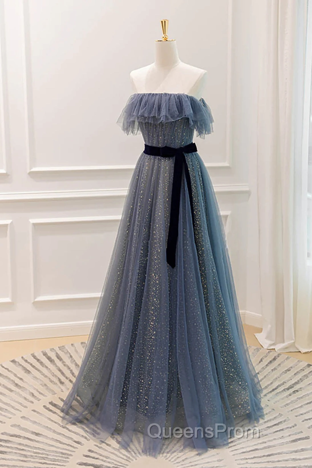 Lovely Blue A-Line Shiny Tulle Sweetheart Party Dress, Blue Long Formal Dress Evening Prom Dress Secondary image
