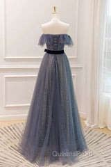 Lovely Blue A-Line Shiny Tulle Sweetheart Party Dress, Blue Long Formal Dress Evening Prom Dress