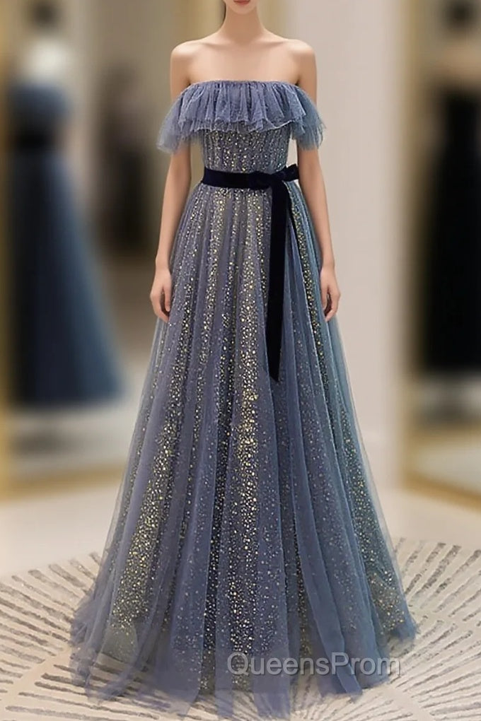 Lovely Blue A-Line Shiny Tulle Sweetheart Party Dress, Blue Long Formal Dress Evening Prom Dress Main image