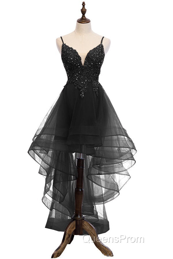 Lovely Blue High Low V-Neckline Straps Party Dress, New Straps Evening Prom Dress