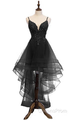 Lovely Blue High Low V-Neckline Straps Party Dress, New Straps Evening Prom Dress