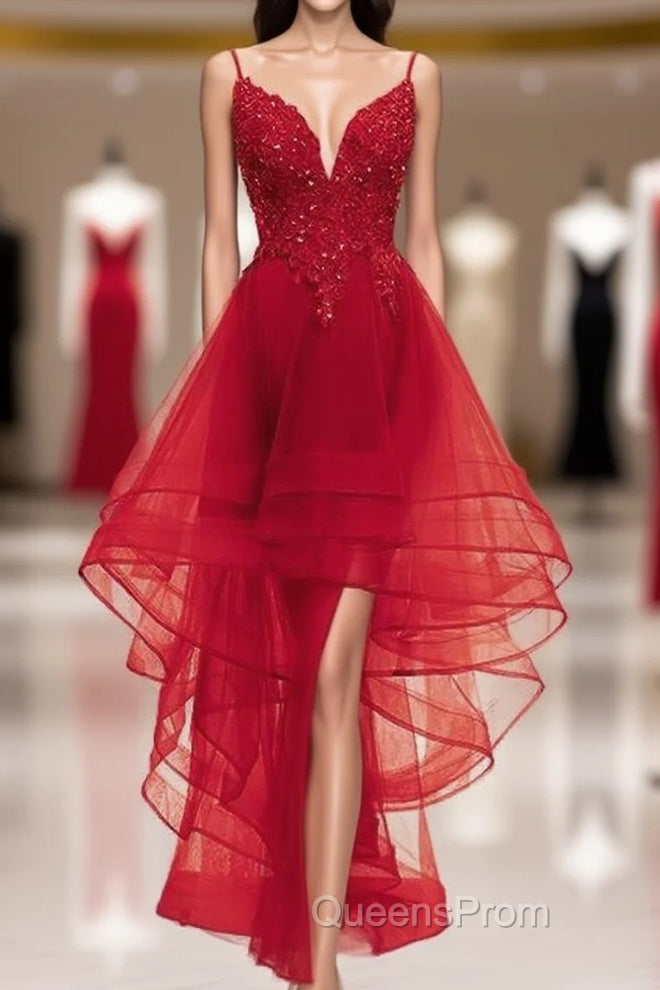 Lovely Blue High Low V-Neckline Straps Party Dress, New Straps Evening Prom Dress Main image