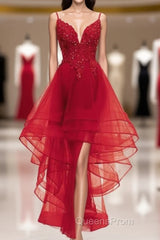 Lovely Blue High Low V-Neckline Straps Party Dress, New Straps Evening Prom Dress