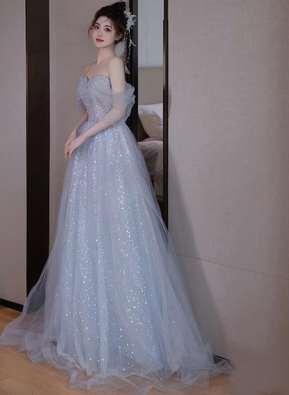 Lovely Blue Tulle Off Shoulder Beaded Party Dress, A-Line Tulle Blue Wedding Party Dress Secondary image