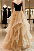 Lovely Champagne A-Line Beaded Strap Party Dress, Tulle Layers Long Evening Prom Dress