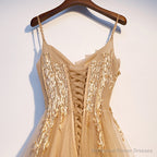 Lovely Champagne Tulle with Lace Long Formal Dress, Champagne Prom Dress