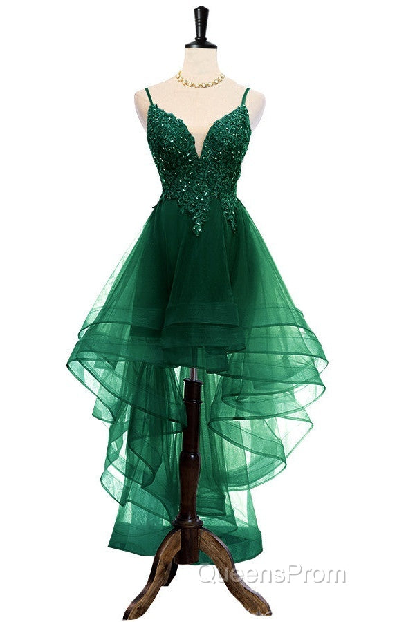 Lovely Dark Green High Low Chic Party Dress Evening Prom Dress, V-Neckline Straps Homecoming Dress Secondary image