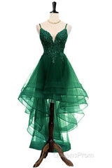 Lovely Dark Green High Low Chic Party Dress Evening Prom Dress, V-Neckline Straps Homecoming Dress