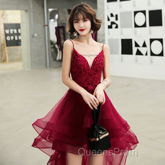 Lovely Dark Green High Low Chic Party Dress Evening Prom Dress, V-Neckline Straps Homecoming Dress