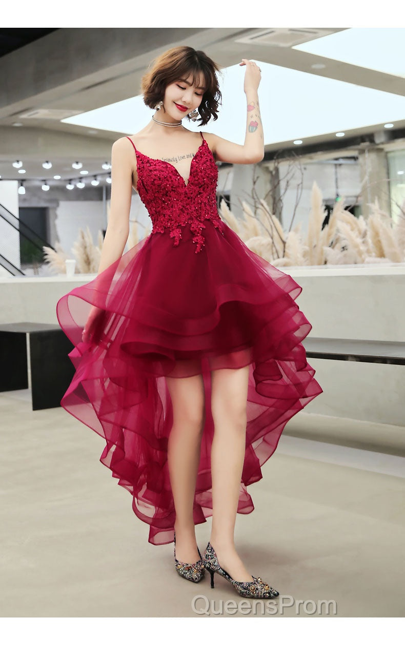 Lovely Dark Green High Low Chic Party Dress Evening Prom Dress, V-Neckline Straps Homecoming Dress