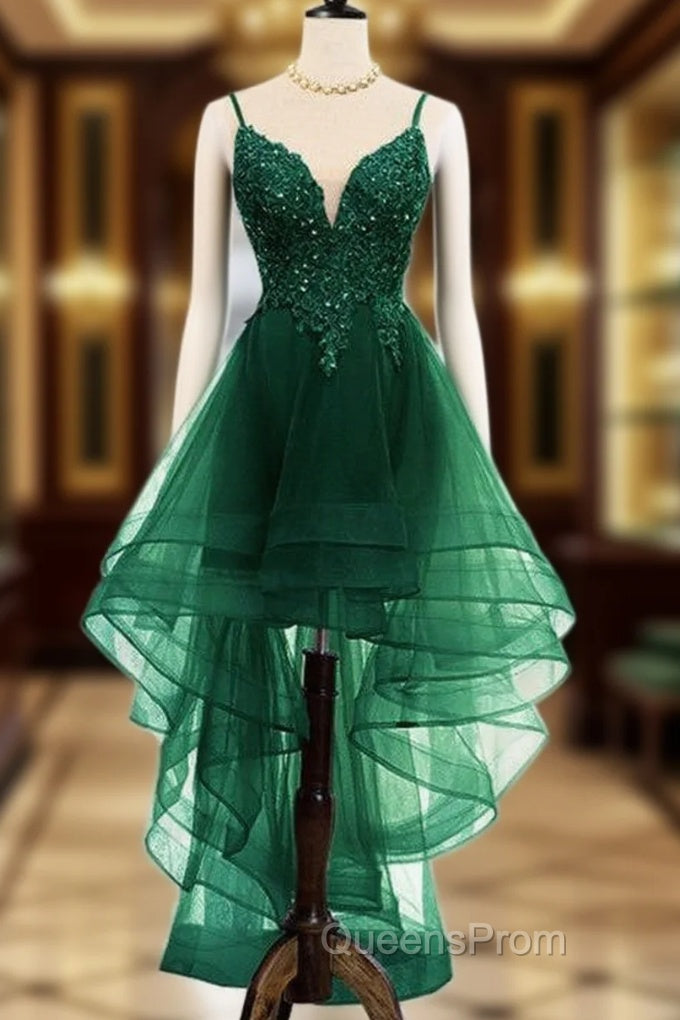 Lovely Dark Green High Low Chic Party Dress Evening Prom Dress, V-Neckline Straps Homecoming Dress Main image