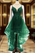 Lovely Dark Green High Low Chic Party Dress Evening Prom Dress, V-Neckline Straps Homecoming Dress
