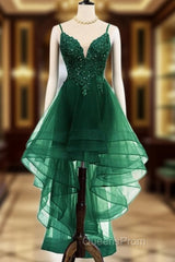 Lovely Dark Green High Low Chic Party Dress Evening Prom Dress, V-Neckline Straps Homecoming Dress