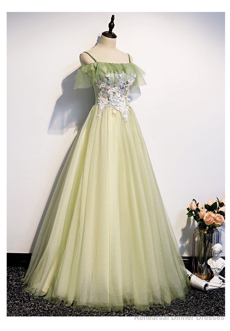 Lovely Flowers Off Shoulder Tulle Long Party Dress, A-line Tulle Light Green Prom Dress Main image