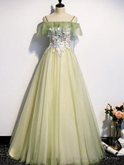 Lovely Flowers Off Shoulder Tulle Long Party Dress, A-line Tulle Light Green Prom Dress