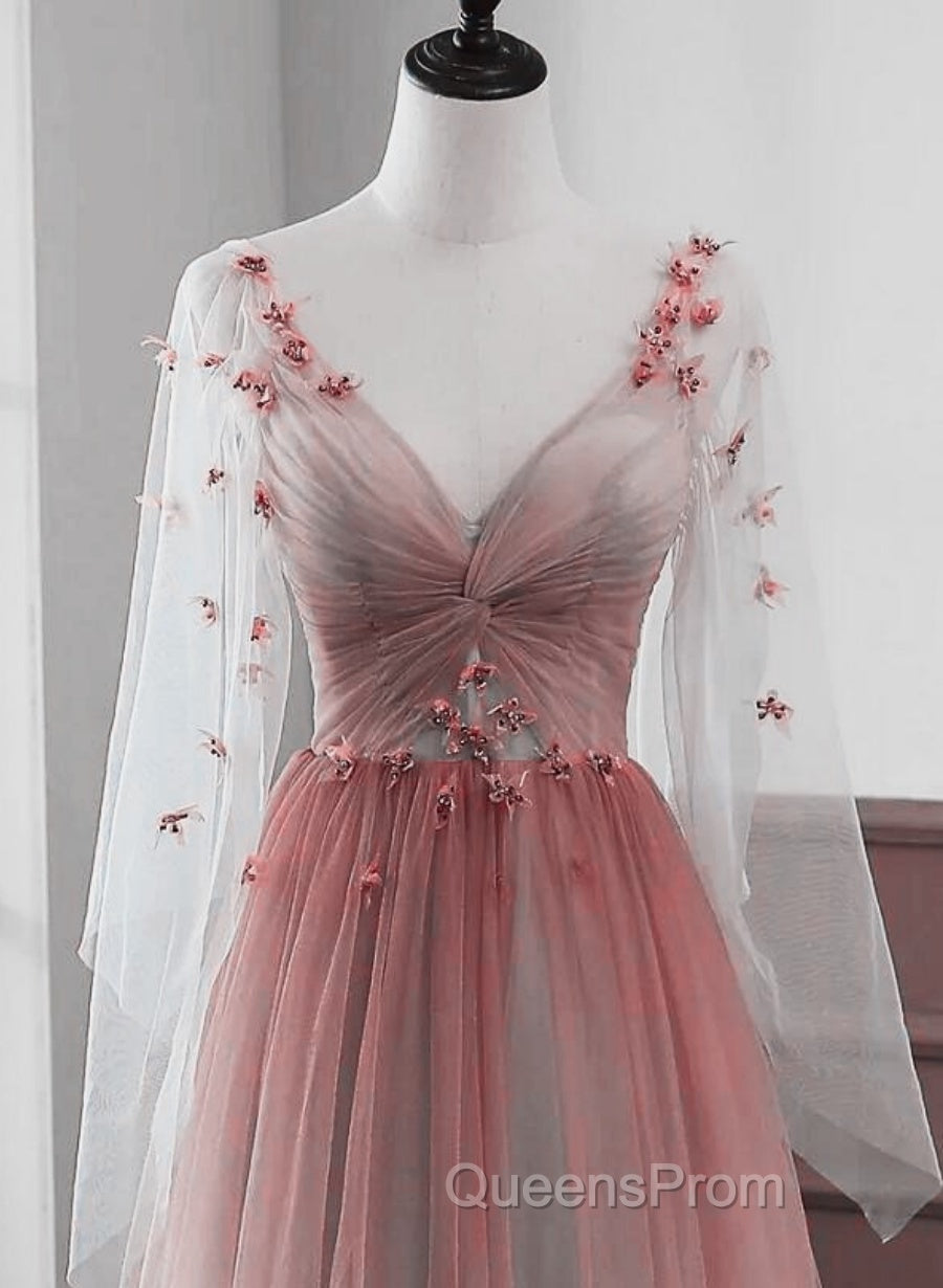 Lovely Gradient A-Line Tulle Long Sleeves Party Dress, Gradient Evening Prom Dress