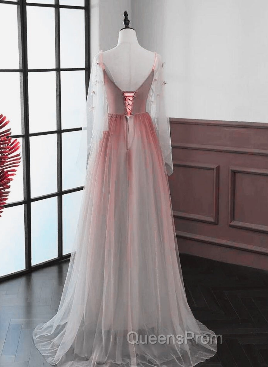 Lovely Gradient A-Line Tulle Long Sleeves Party Dress, Gradient Evening Prom Dress