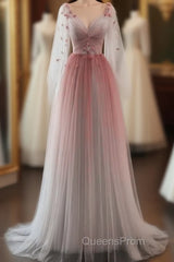 Lovely Gradient A-Line Tulle Long Sleeves Party Dress, Gradient Evening Prom Dress