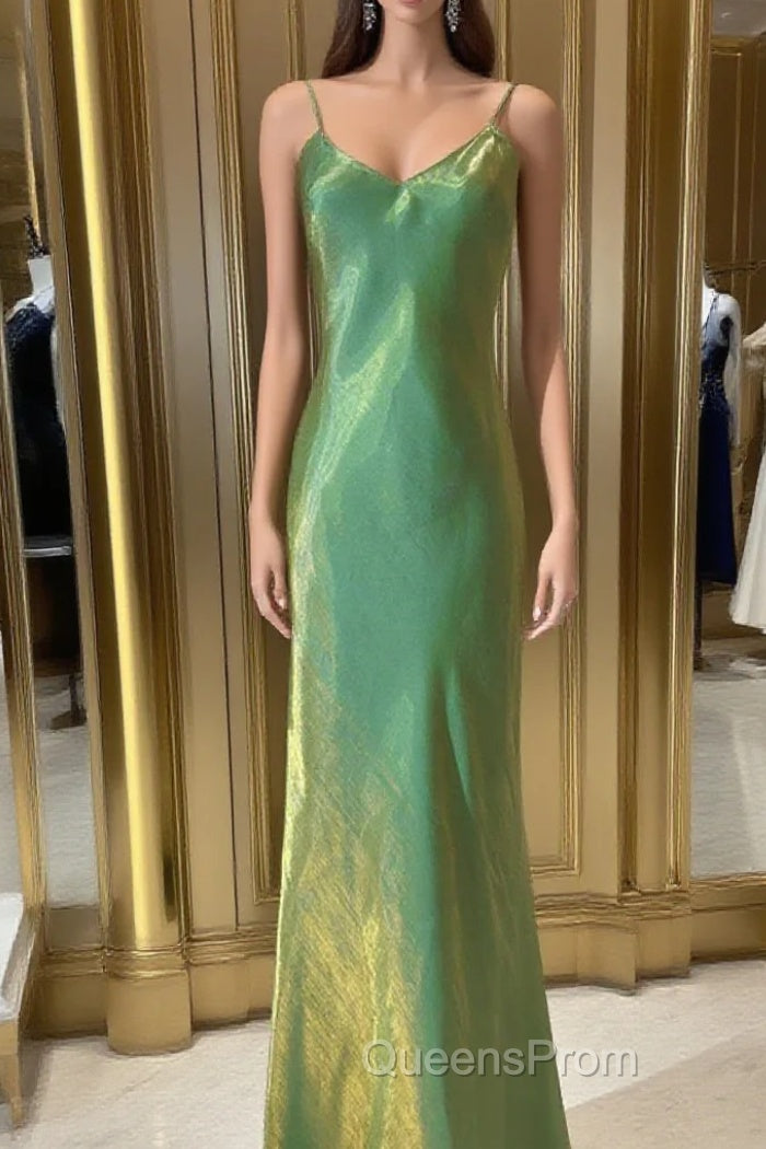 Lovely Green Straps Long Formal Dress, Green Satin Party Dress Evening Dress Main image