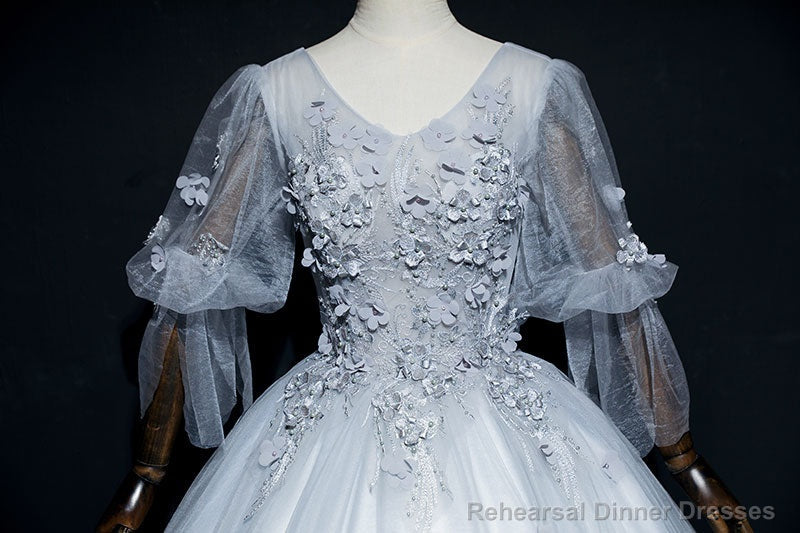 Lovely Grey Tulle Puffy Sleeves with Lace Long Formal Dress, Sweet 16 Dresses Secondary image
