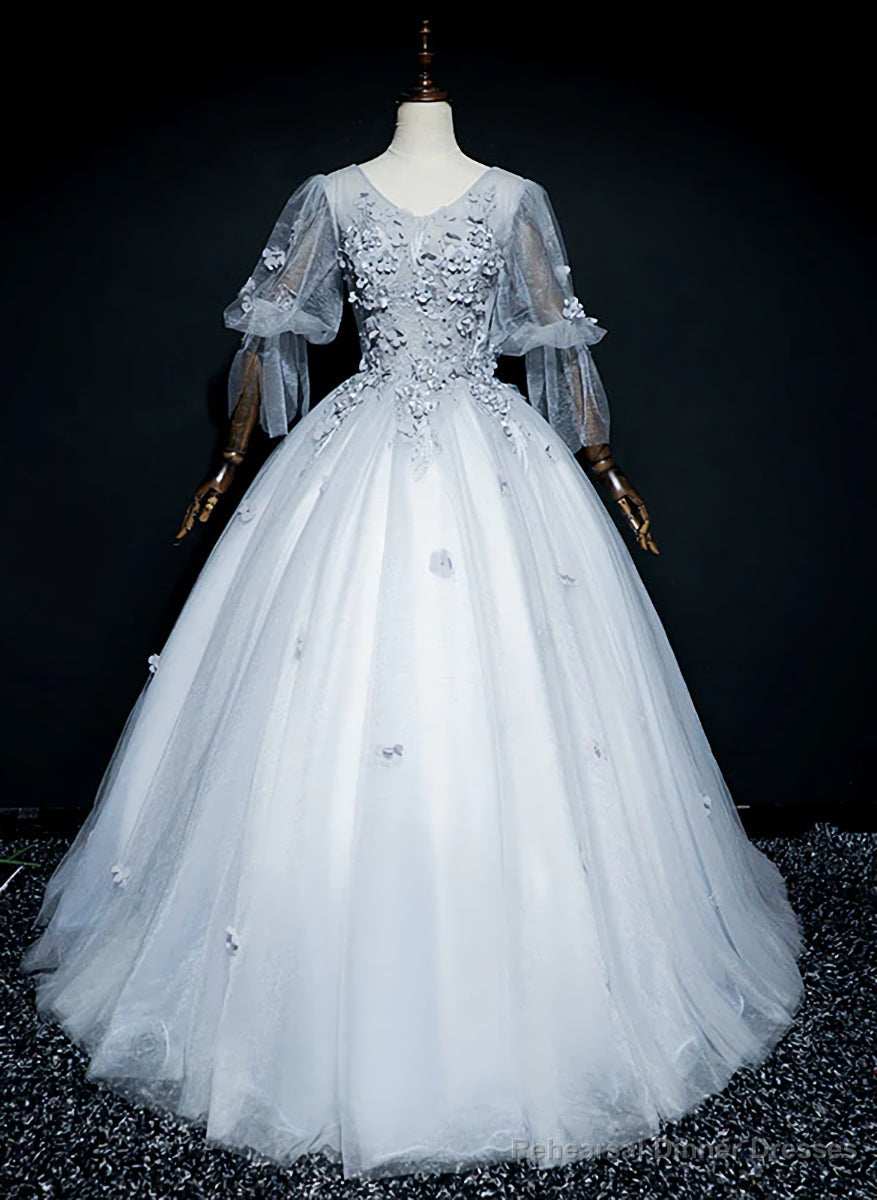 Lovely Grey Tulle Puffy Sleeves with Lace Long Formal Dress, Sweet 16 Dresses Main image