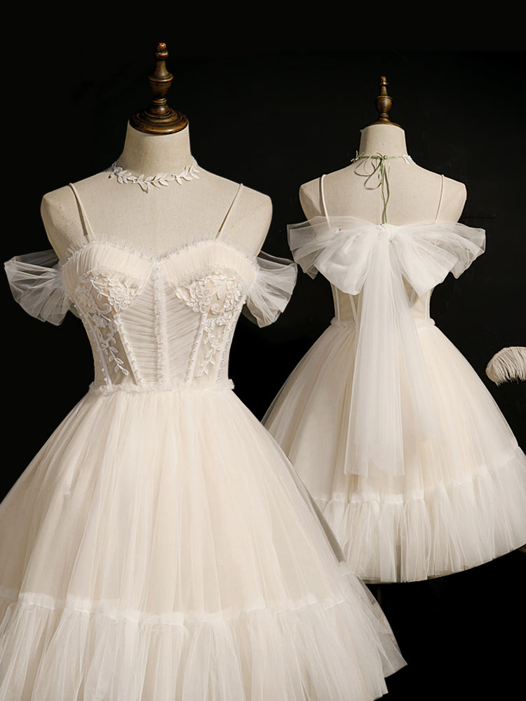 Lovely Ivory Tulle Straps Sweetheart Homecoming Dress With Bow, Short Classy Prom Dress Party Dress Secondary image