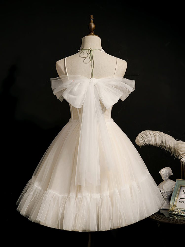 Lovely Ivory Tulle Straps Sweetheart Homecoming Dress With Bow, Short Classy Prom Dress Party Dress