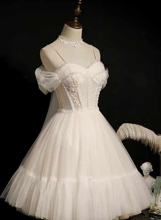 Lovely Ivory Tulle Straps Sweetheart Homecoming Dress With Bow, Short Classy Prom Dress Party Dress