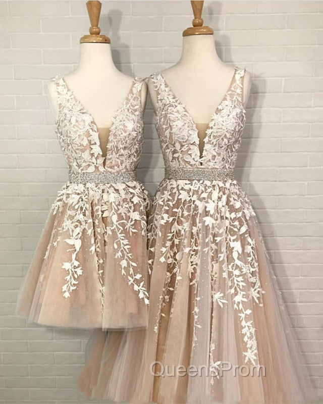 Lovely Lace Embroidery Beaded V-Neck Tulle Homecoming Dress