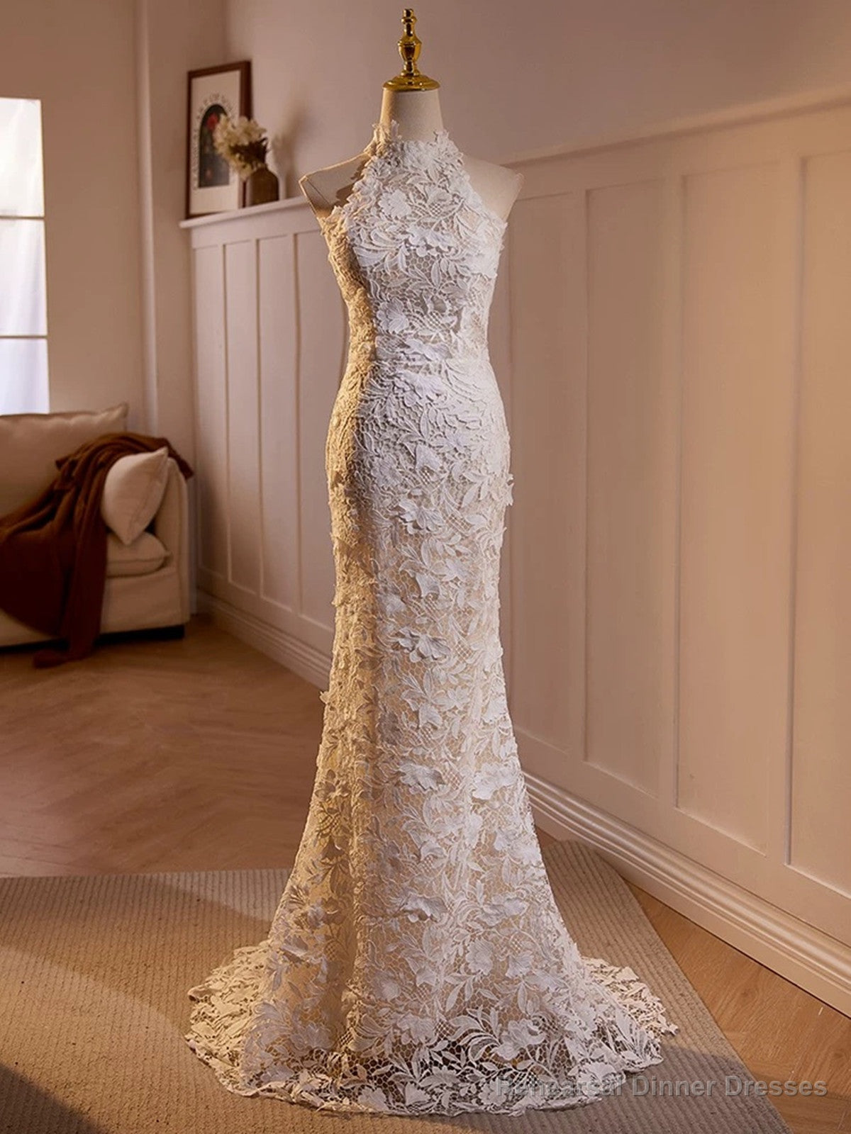 Lovely Lace Mermaid Halter Open Back Wedding Party Dress, Lace Long Formal Dress Main image