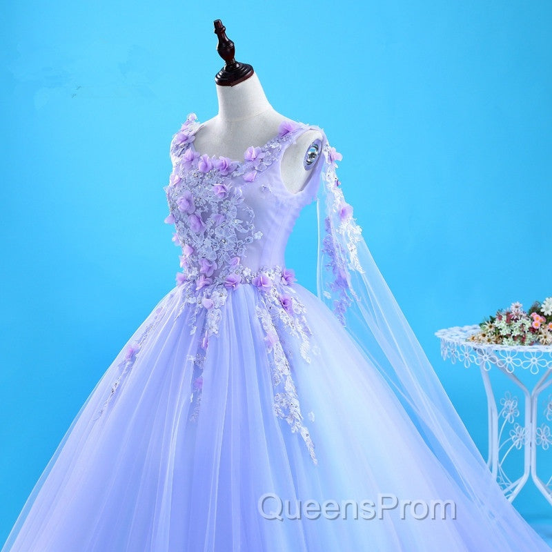 Lovely Lavender Tulle Flower Lace Ball Gown Evening Gown, Lavender Sweet 16 Dress